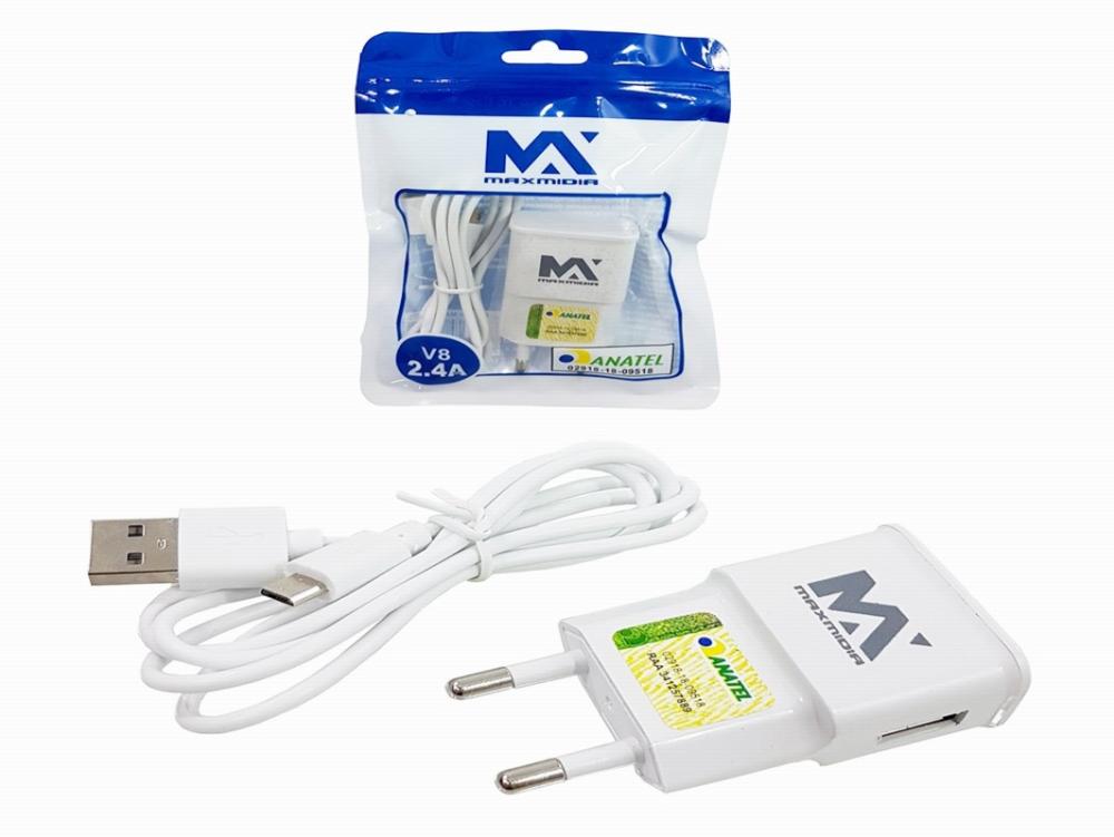 1093 - Carregador de Celular V8 - MAX MIDIA  2.4A (Micro USB) - (Cabo Removivel) 