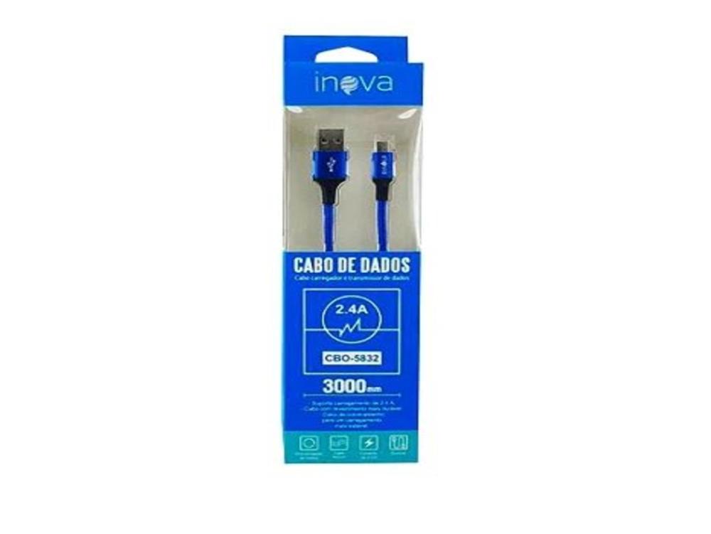 1125 - Cabo Carregador - Dados INOVA 2.4A USB x V8 (Micro USB) - (3 Metros)