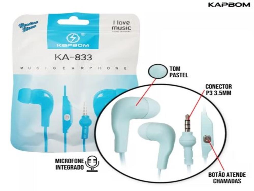 1215 - Fone de Ouvido - KAPBOM Auricular Colorido com Microfone (Com Fio) - KA-833