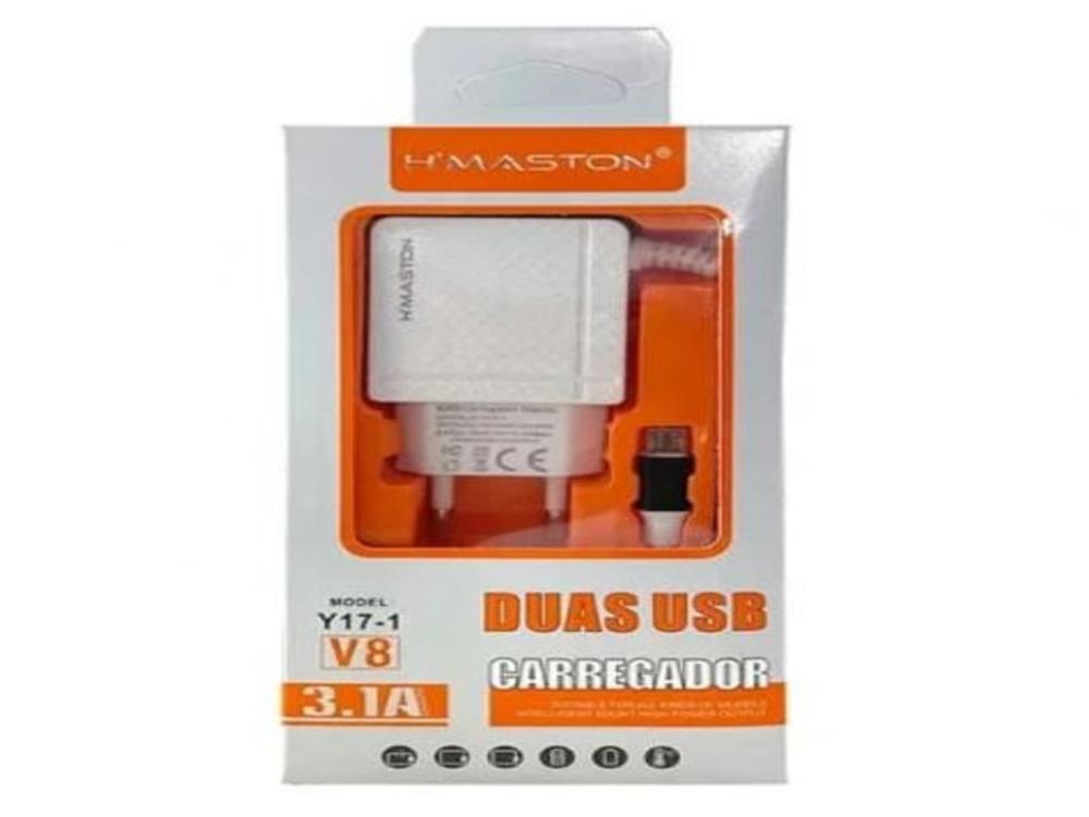 1302 - Carregador de Celular V8 - H'MASTON  3.1A (Micro USB) - (2 Portas) - (Carregador Rapido)