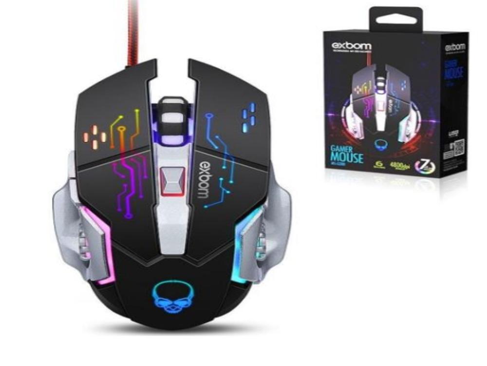 1333 - Mouse Óptico - Exbom GAMER 7D 4800 Dpi RGB - Cabo Usb com Filtro Transada (6 Botões)